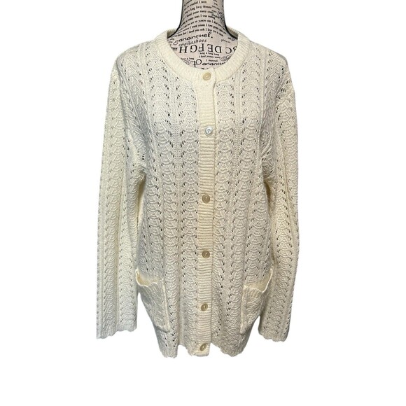 Vintage Sara Morgan Cream‎ Lg Cardigan W Pockets Cottagecore Boho Coastal Flair - Picture 1 of 9